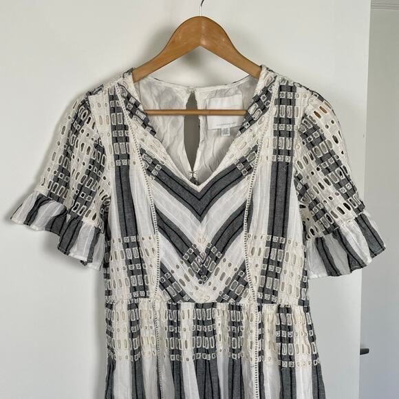 Anthropologie Ett:twa Striped Eyelet Romper Short Sleeve White Gray Blue 10 - Picture 9 of 16